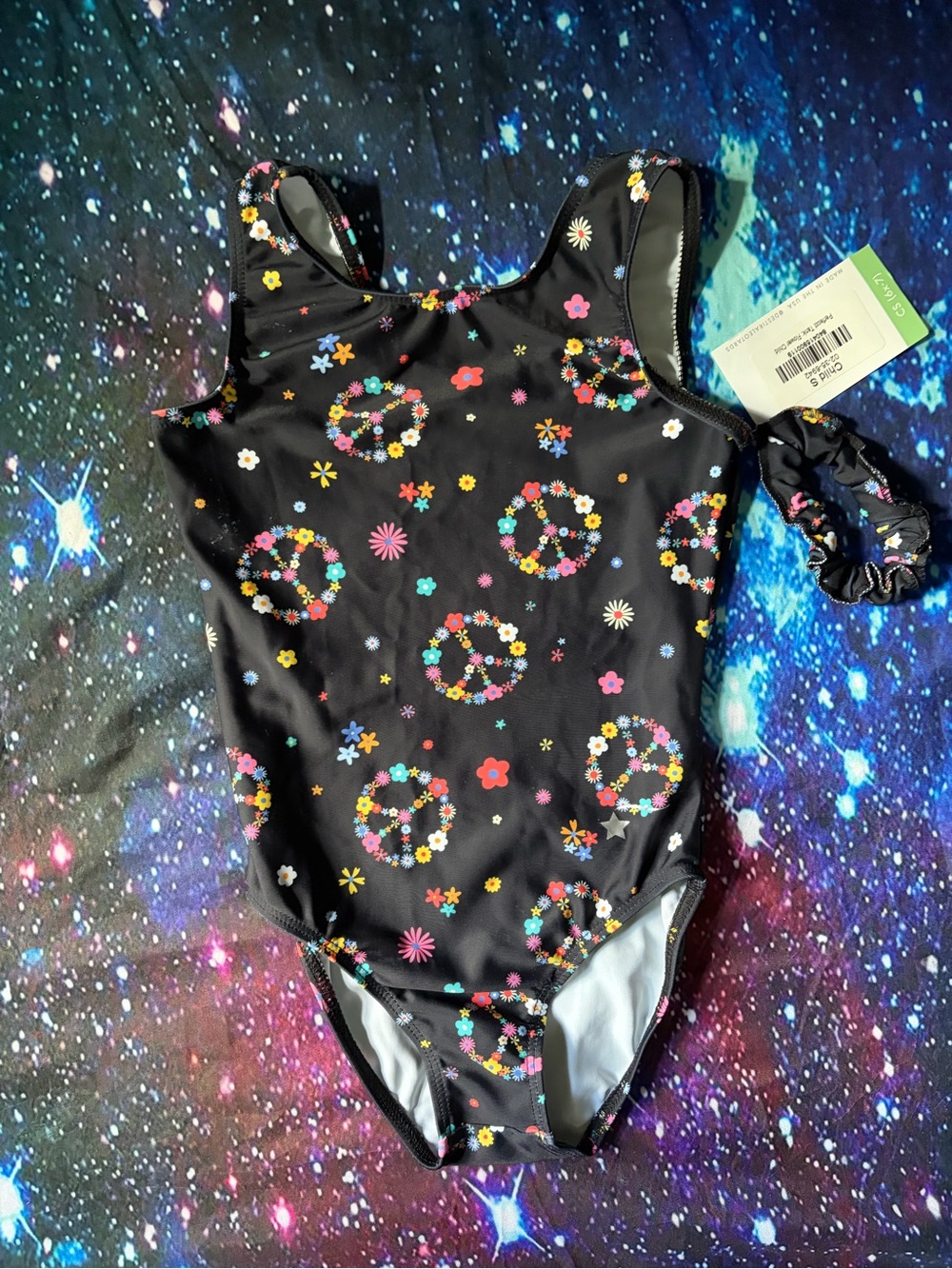 Girls' Black Floral Peace Sign Dance Leotard with Scrunchie
